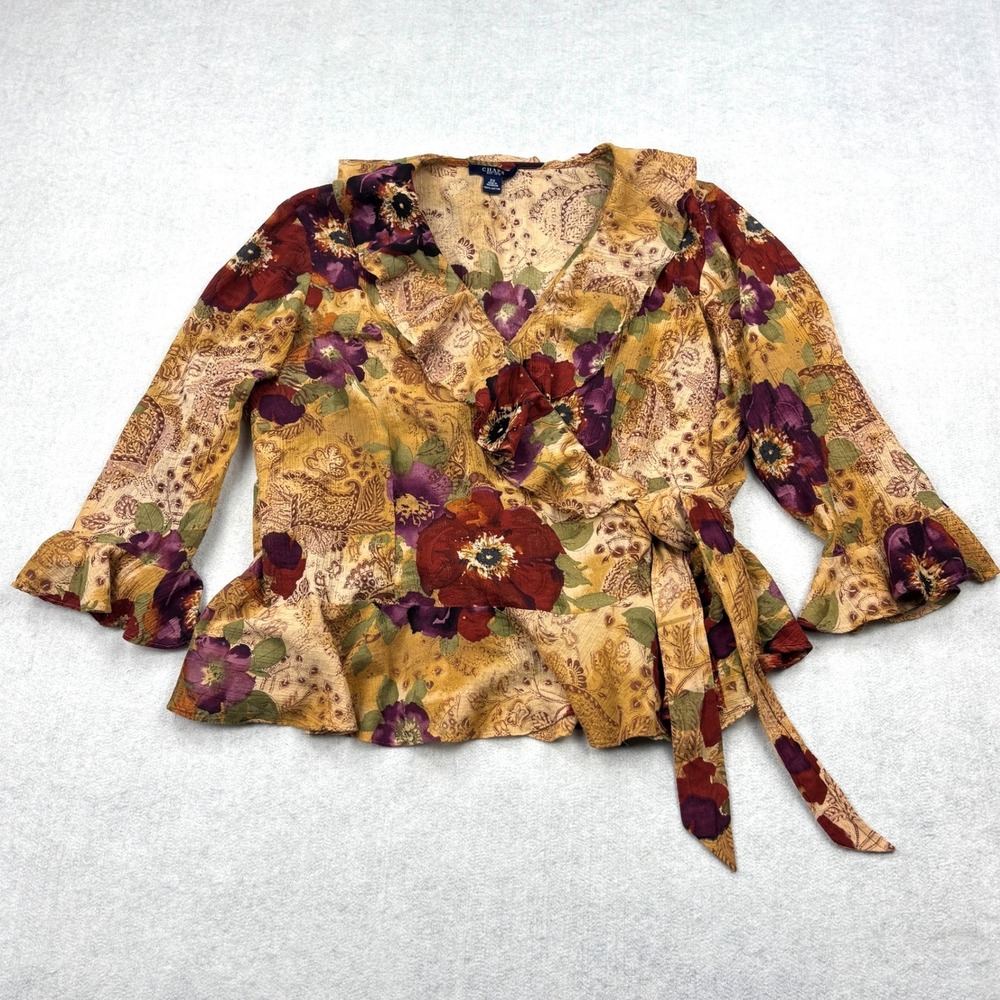 Chaps Womens Plus 2X Mustard Yellow Floral Paisley Cotton Ruffle Wrap Top Blouse